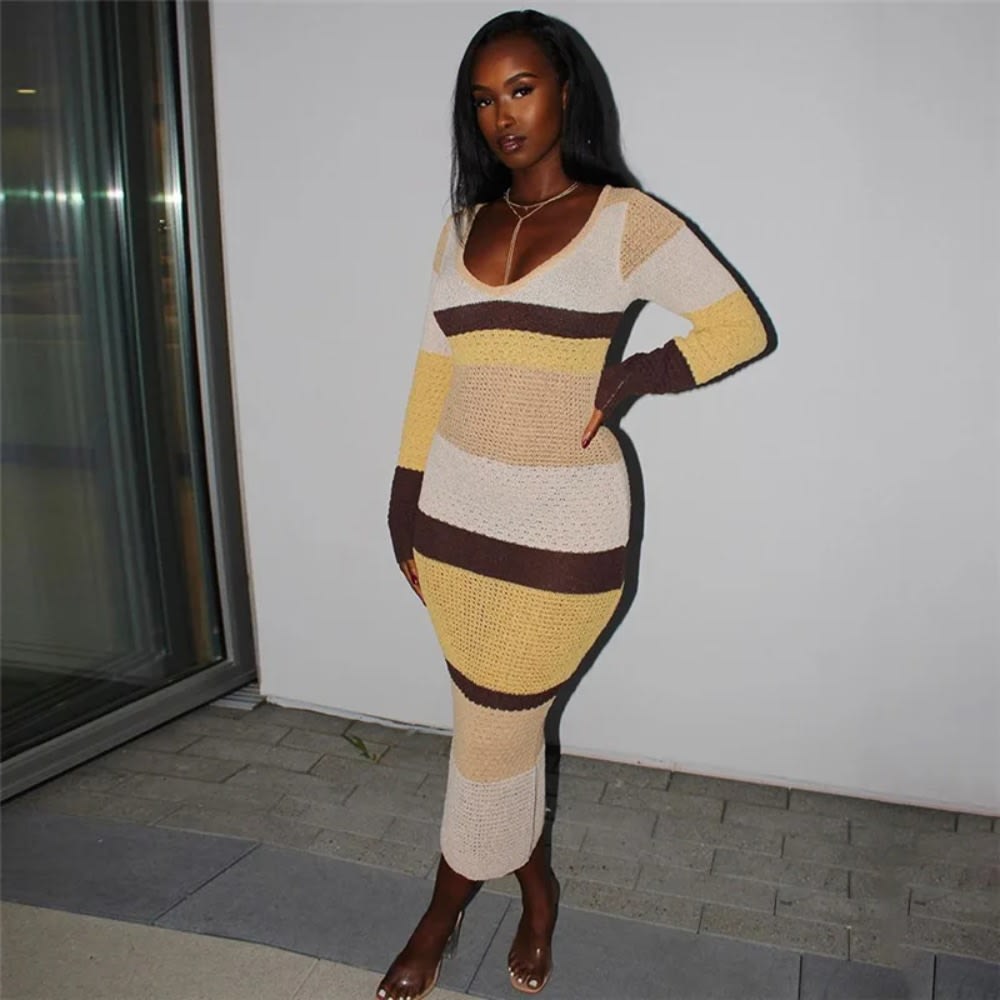 Color Block Knitted Rib Long Dress for Women V Neck Bodycon Lounge Wear Fall Winter Robe